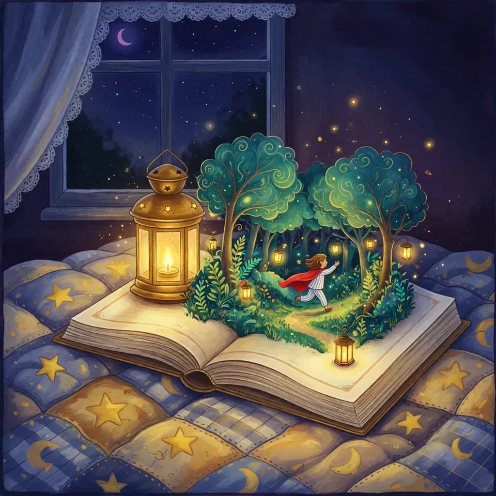 Раскрытая книжка на одеяле, из страниц поднимается светящийся лес